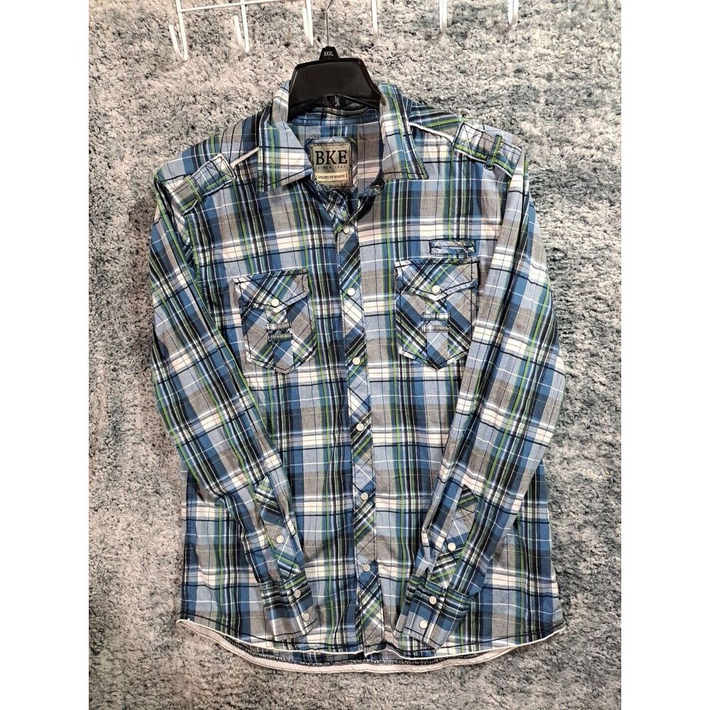 BKE Buckle Athletic Fit Shirt Mens L Plaid Pearl Snap